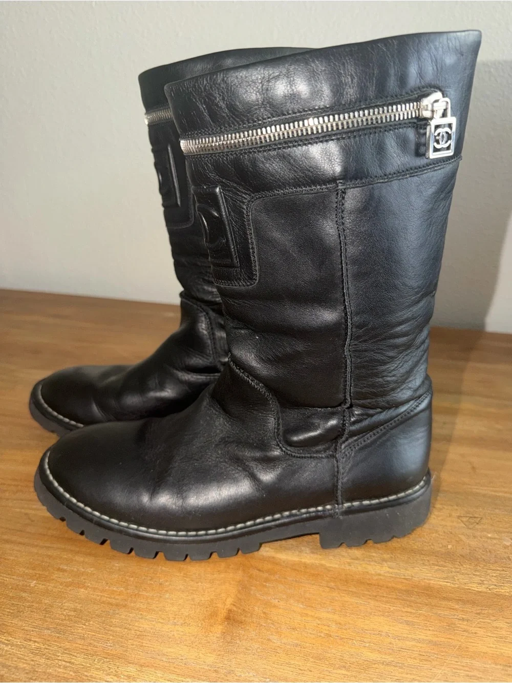 CHANEL Black Leather Combat Moto Boots with CC Logo